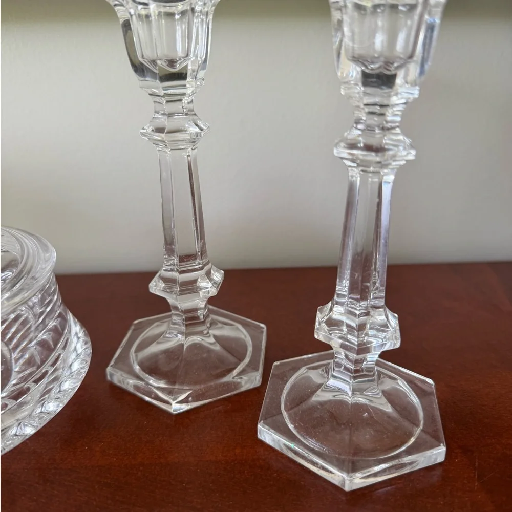 Beautiful‎ vintage glass pieces: canister and two candlestick holders